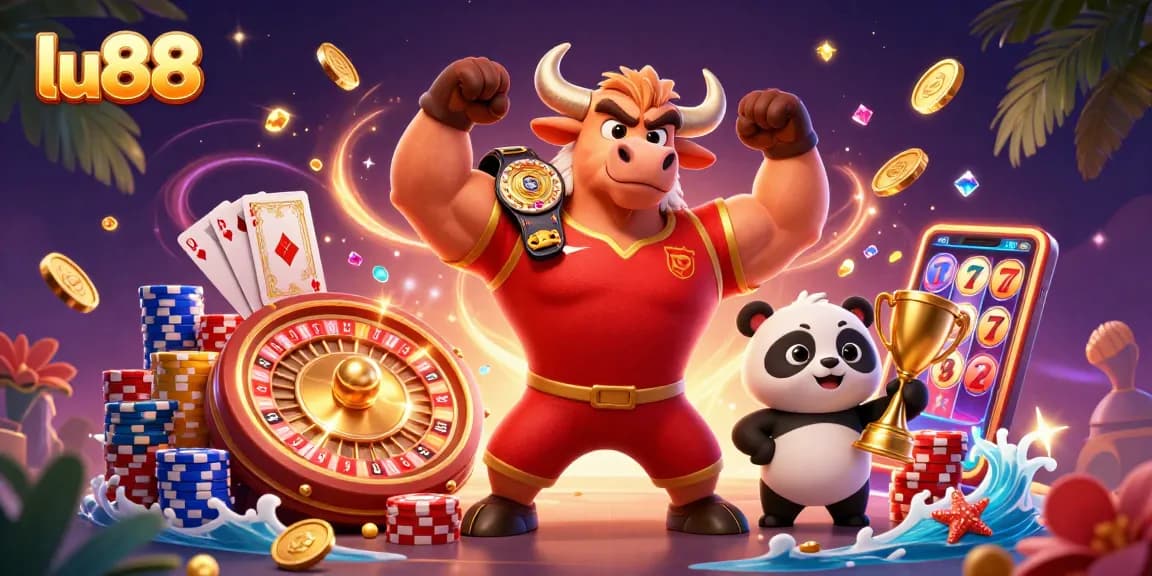 Experience thrilling wins with lu88 as golden coins cascade around joyful casino characters and gaming elements.