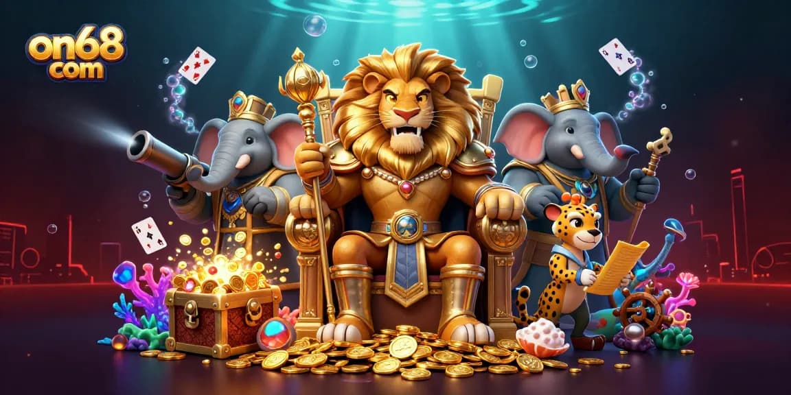 Experience thrilling gaming with on68 com, featuring fierce lion king and vibrant underwater treasures.