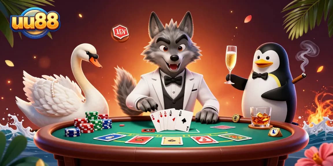 Engage in high-stakes action at uu88, featuring a debonair wolf and elegantly dressed characters in a dynamic casino scene.
