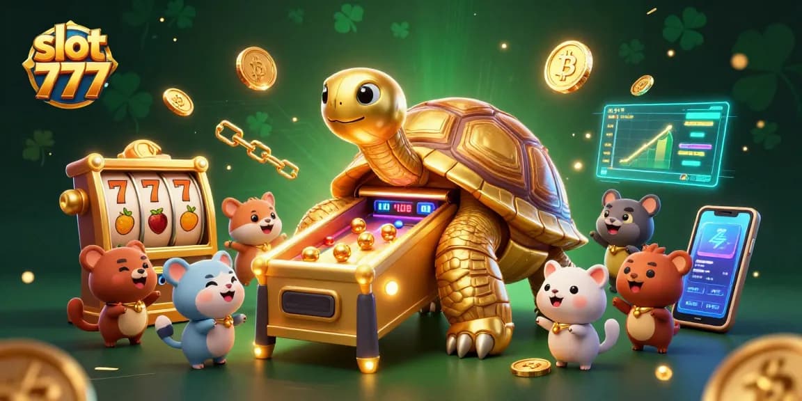 Spin the slot 777 with excitement, as tiny golden balls bounce in a golden tortoise pinball machine.