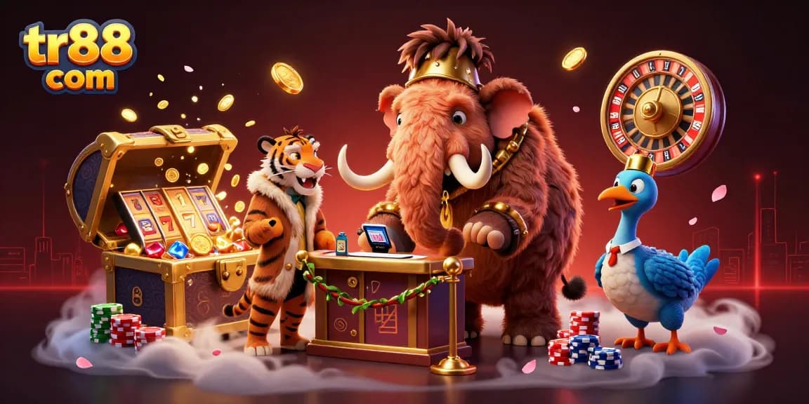 Play exciting games with tr88 com at a vibrant casino scene featuring unique characters and dynamic gambling elements.