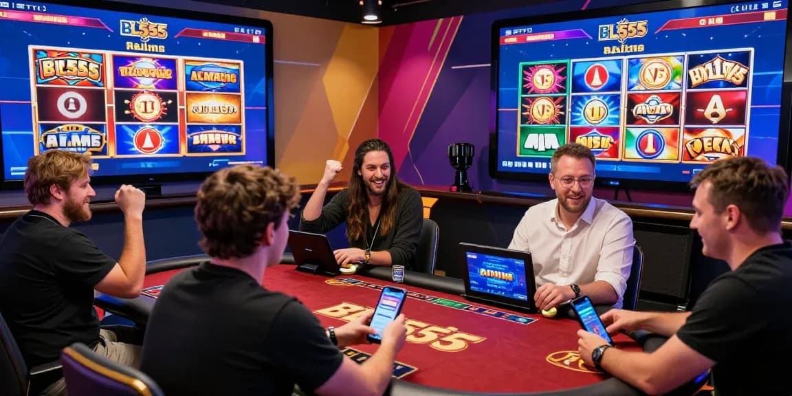 Engaged players enjoying BL555, a top online gambling platform, celebrating wins during an exciting gaming session.