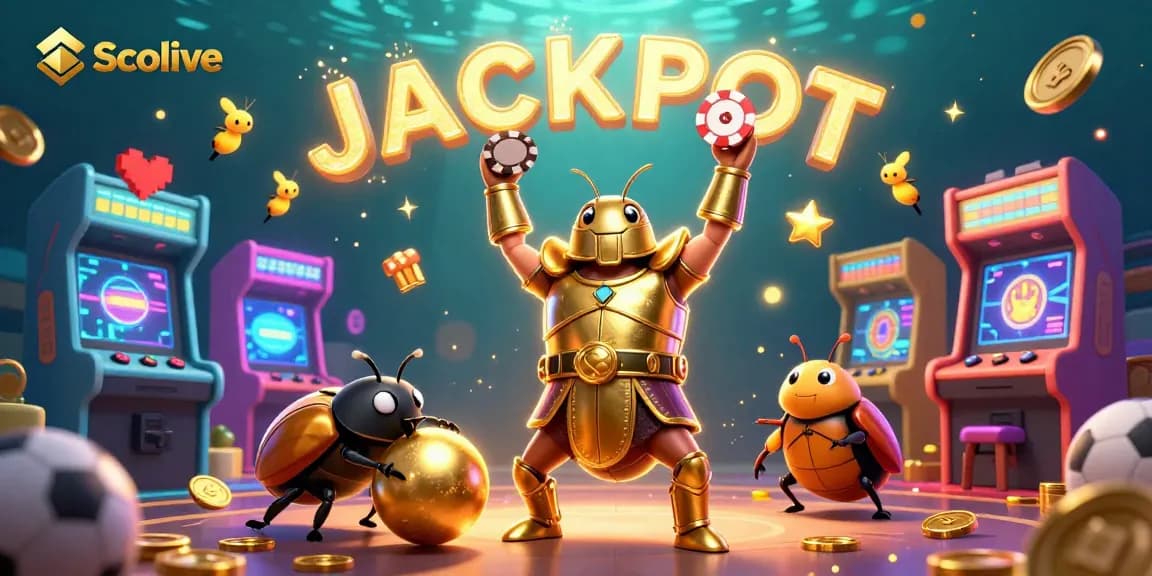 Socolive showcases a dynamic scene featuring a victorious beetle character lifting a poker chip amid a vibrant casino atmosphere.