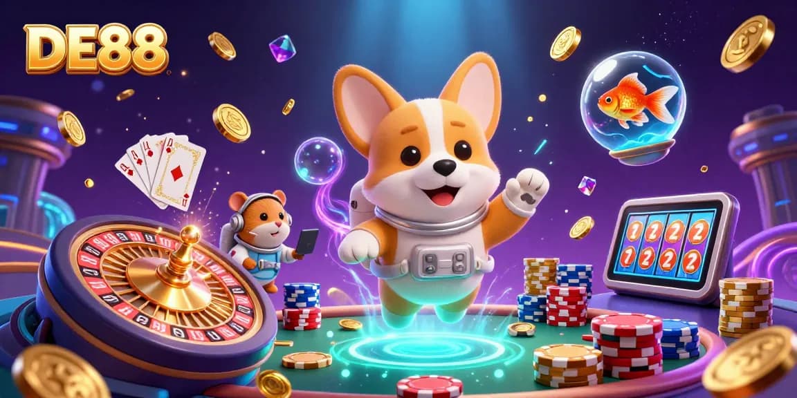 Engage with the thrilling DE88 space casino, featuring a cartoon corgi, floating coins, and vibrant gaming elements.