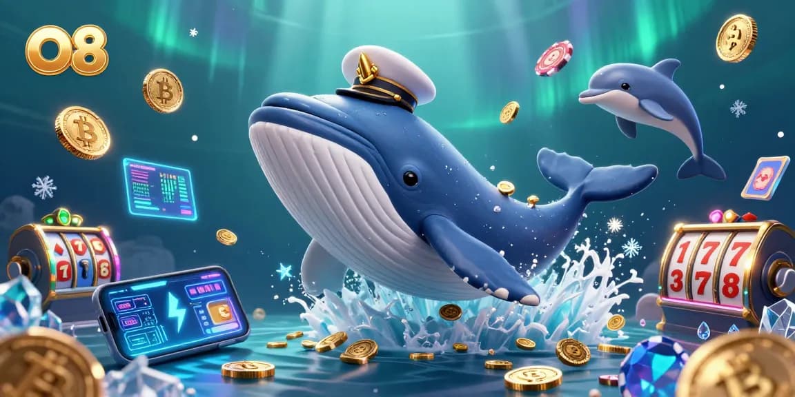Experience O8's thrilling casino adventure with a vibrant scene of a whale, narwhal, and dolphins playing with gold coins.