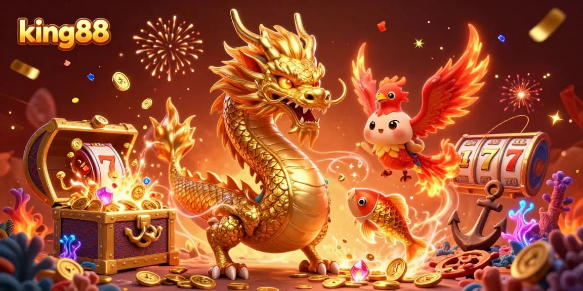 Experience thrilling wins at king88 with a golden dragon, phoenix, and koi fish amidst exciting casino themes.