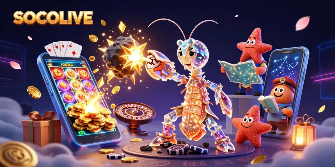 SOCOLIVE offers an action-packed illustration of a galactic samurai mantis shrimp and starfish navigating a cosmic casino adventure.