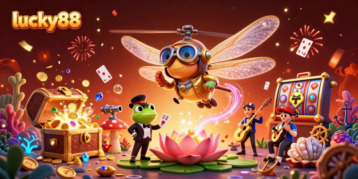 Join the action at lucky88 where a frog croupier deals cards amidst vibrant casino festivities