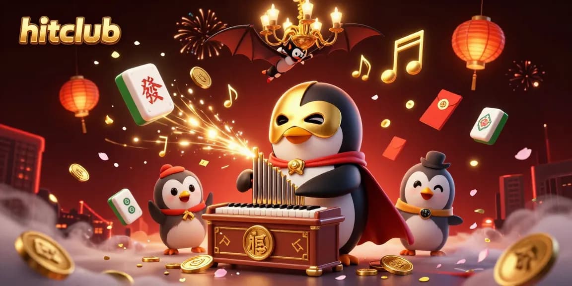 hitclub penguin plays organ, showering golden coins, with vibrant game elements and a warm atmosphere