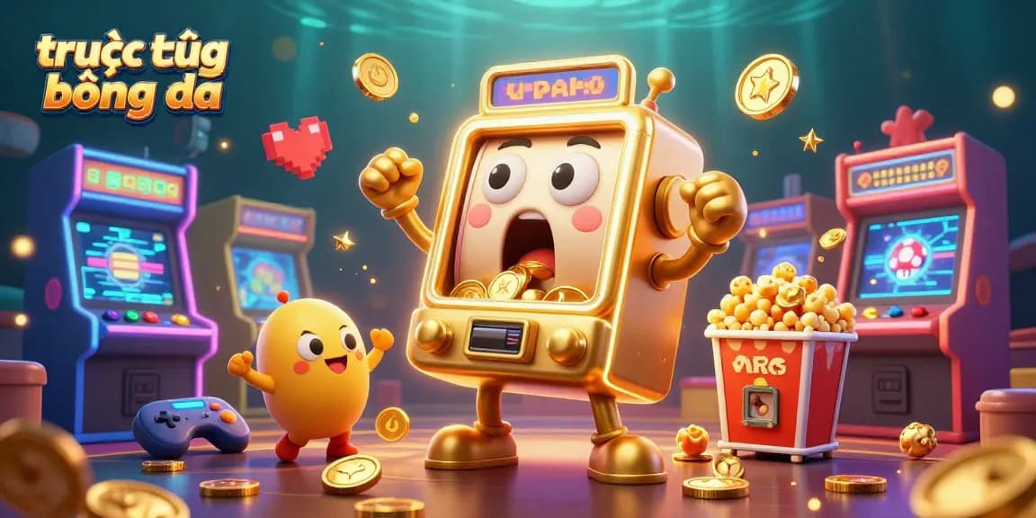Experience thrilling trực tiếp bóng đá with a vibrant illustration featuring animated slot machines and gaming elements.