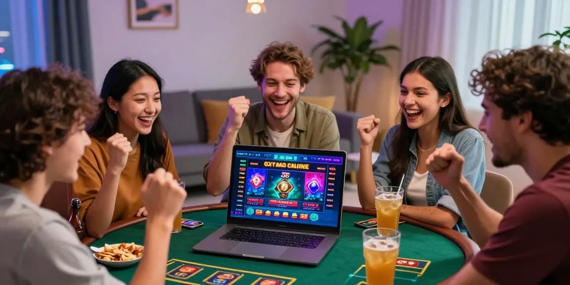 Excited friends celebrating a win at 78win online casino with vibrant atmosphere.