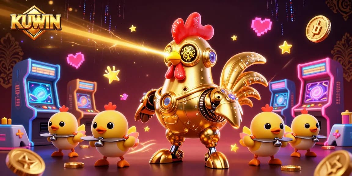 KUWIN engages players with a vibrant 3D casino scene featuring a golden rooster robot and arcade elements.