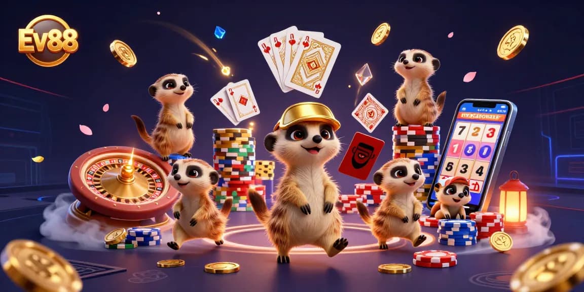 Engage in thrilling gameplay at Ev88 with meerkats managing a vibrant casino adventure.