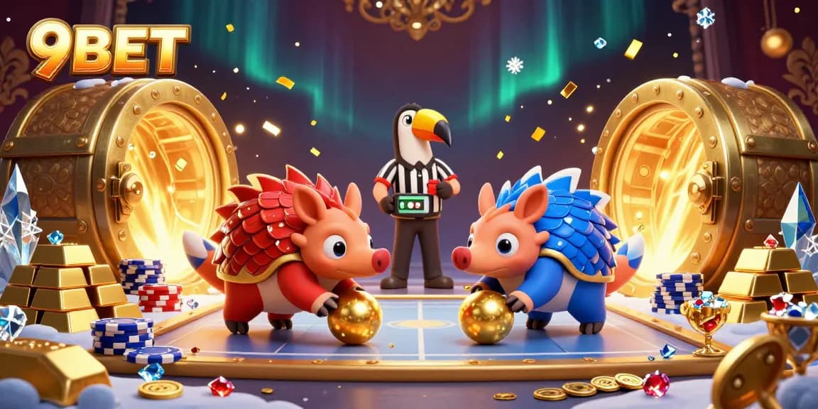 Witness the excitement of 9BET as rival pangolins bowl through poker chips in an extravagant casino scene.