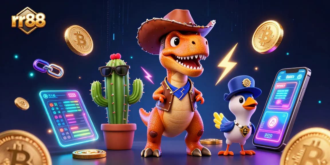 Experience exciting gameplay at rr88 with a vibrant 3D casino illustration featuring a dinosaur and crypto coins.