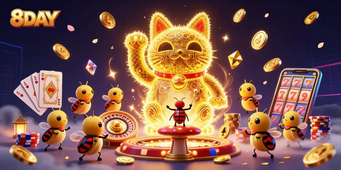 Experience thrilling gameplay with 8DAY's lucky cat and vibrant casino elements in a whimsical atmosphere.