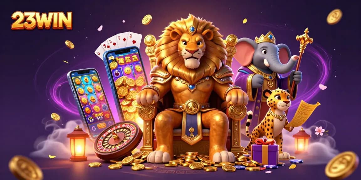 Play engaging casino games with 23WIN's vibrant scene featuring a majestic lion king and exciting slot action.