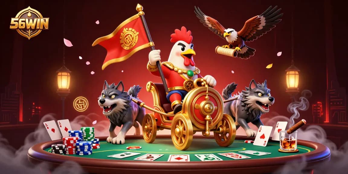Engage with 56WIN's dynamic gaming experience featuring a gambling-themed 3D illustration.