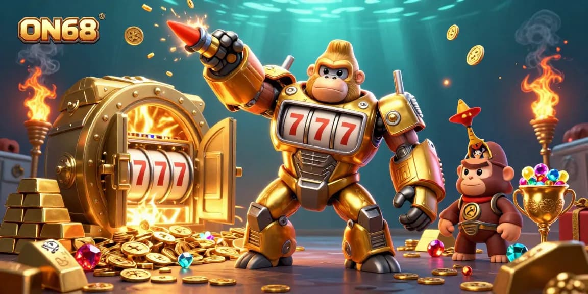 Experience the excitement of ON68 with a vibrant 3D illustration of a golden mech breaking through piles of treasures.