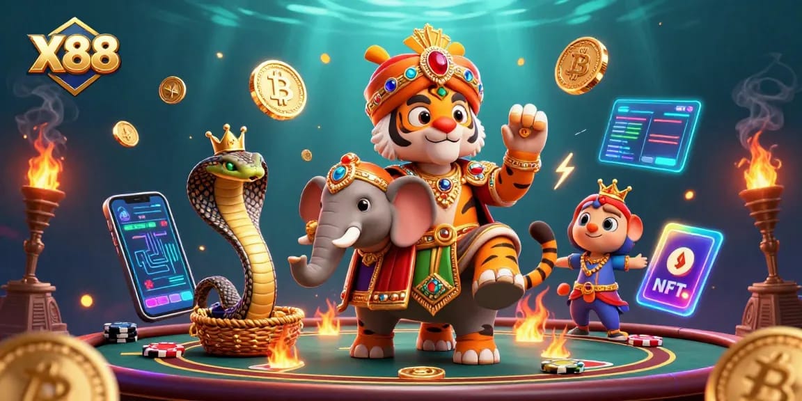 Immerse in X88's casino experience with a majestic elephante and vibrant crypto elements.