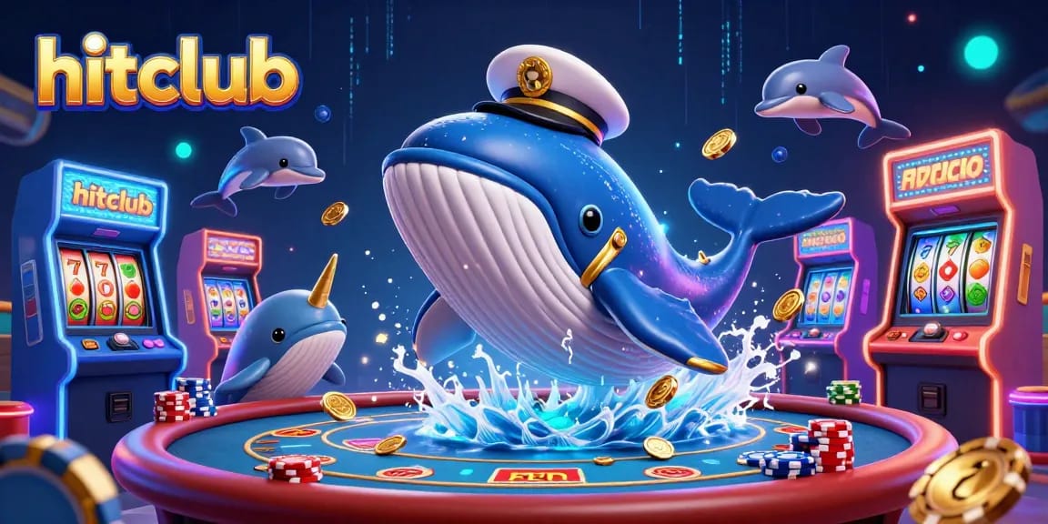 Hitclub showcases vibrant casino elements with a playful whale, narwhal, and dolphins in a colorful scene.