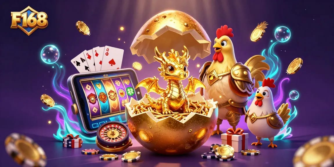 Experience thrilling wins at F168 with a golden dragon and poker chips in a vibrant casino scene.