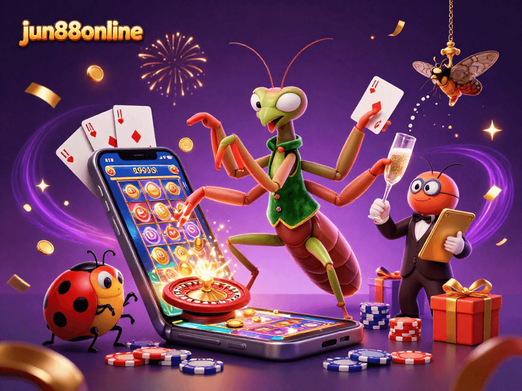 Experience jun88online's vibrant casino scene featuring a giant mantis card sharp and ladybug pit boss.