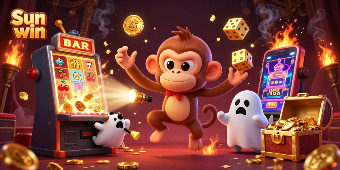 Experience the excitement of Sun win with a mischievous poltergeist monkey juggling casino treasures in a vibrant scene.