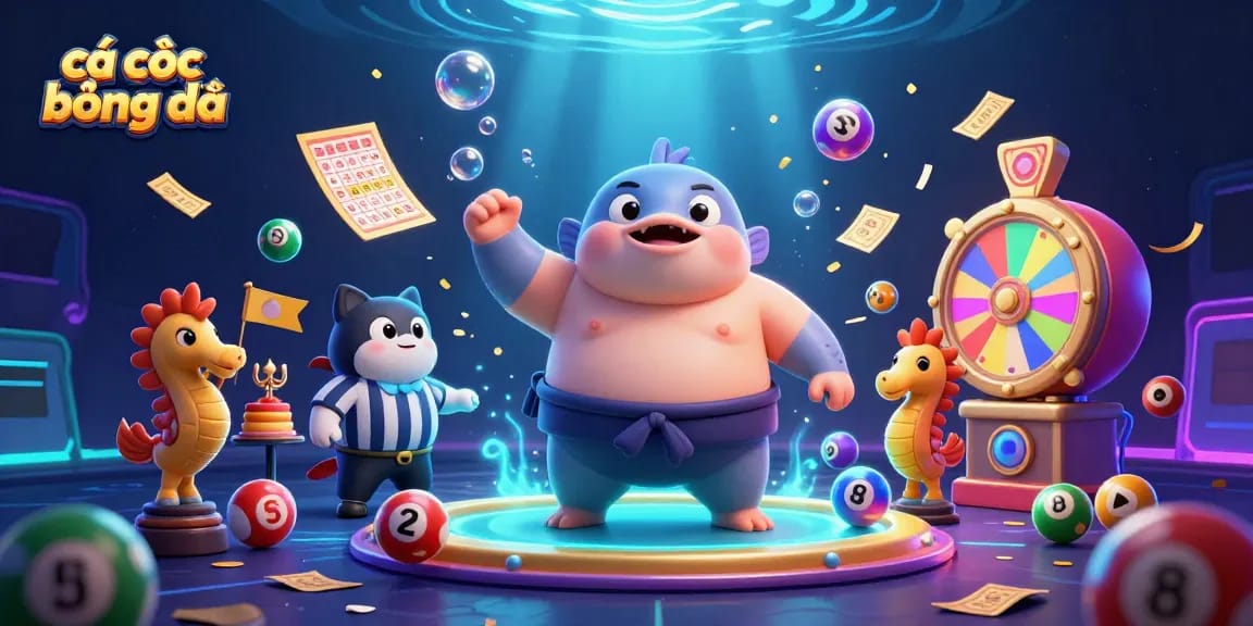 Engage in cá cược bóng đá with vibrant sports-themed underwater illustration featuring lively characters and elements.