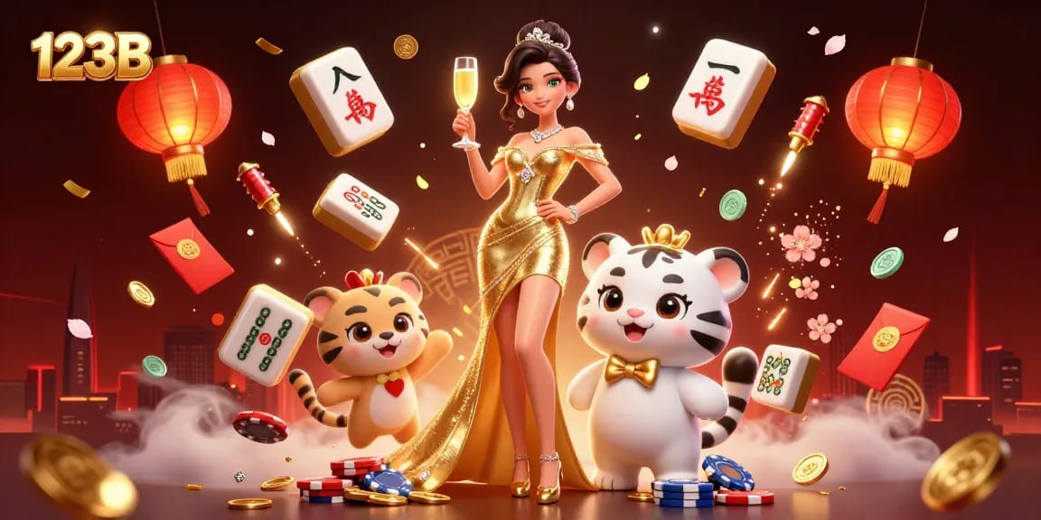 Experience the thrill of winning at 123B, featuring glamorous casino elements and a lucky white tiger.