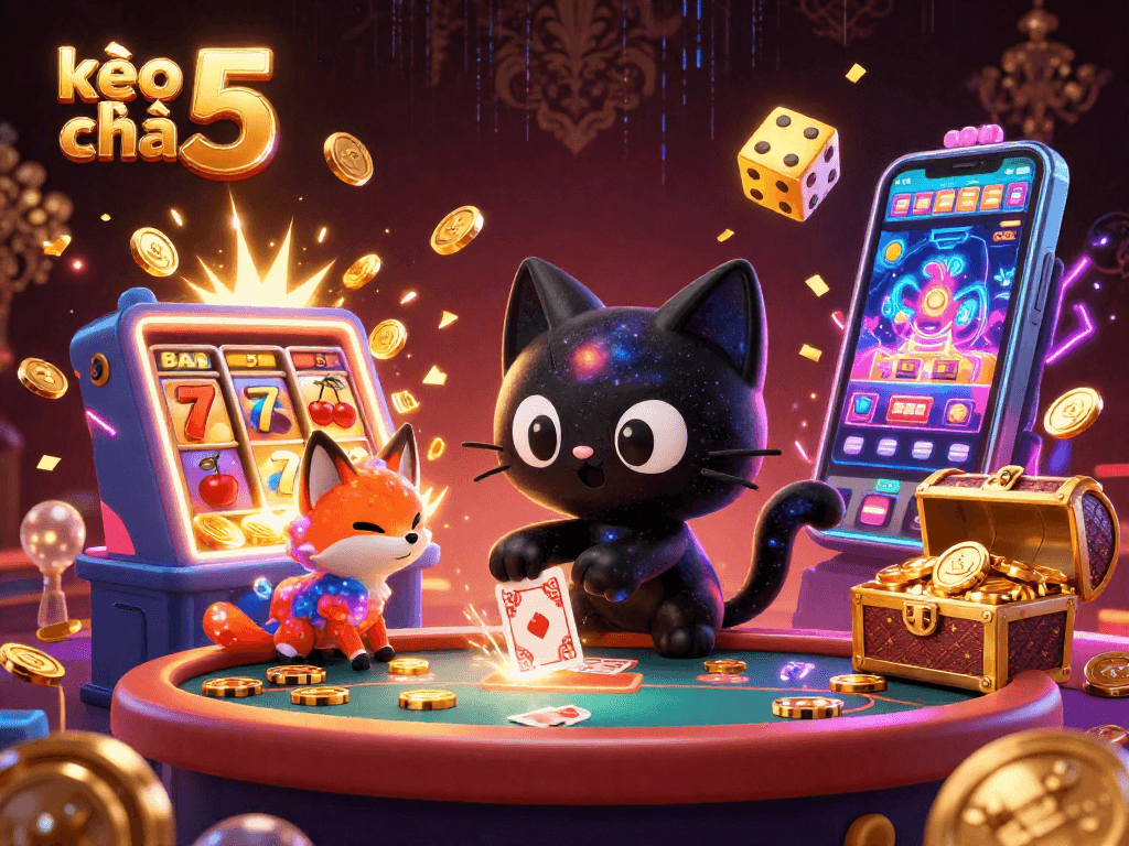 Join the excitement of kèo nhà cái 5 with a vibrant cosmic casino scene full of colorful gaming elements.