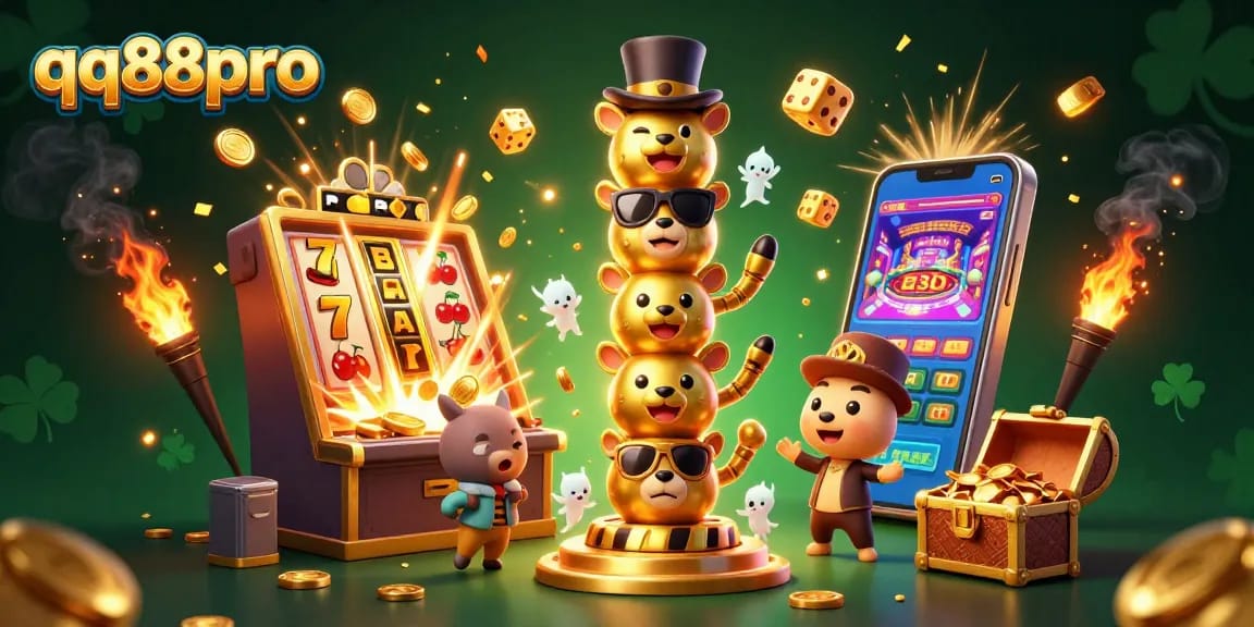 Experience excitement with qq88pro's vibrant gaming scene filled with dynamic slot elements and golden treasures.