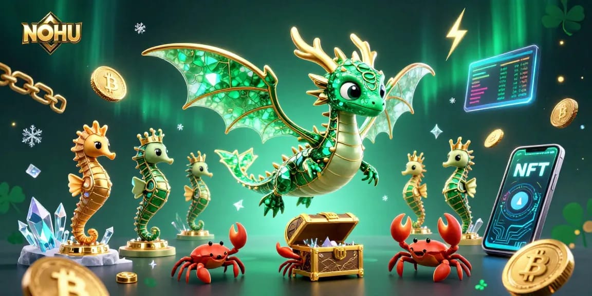 Engage in thrilling NOHU gameplay with an extravagant sea dragon amid dynamic Bitcoin and Ethereum elements.
