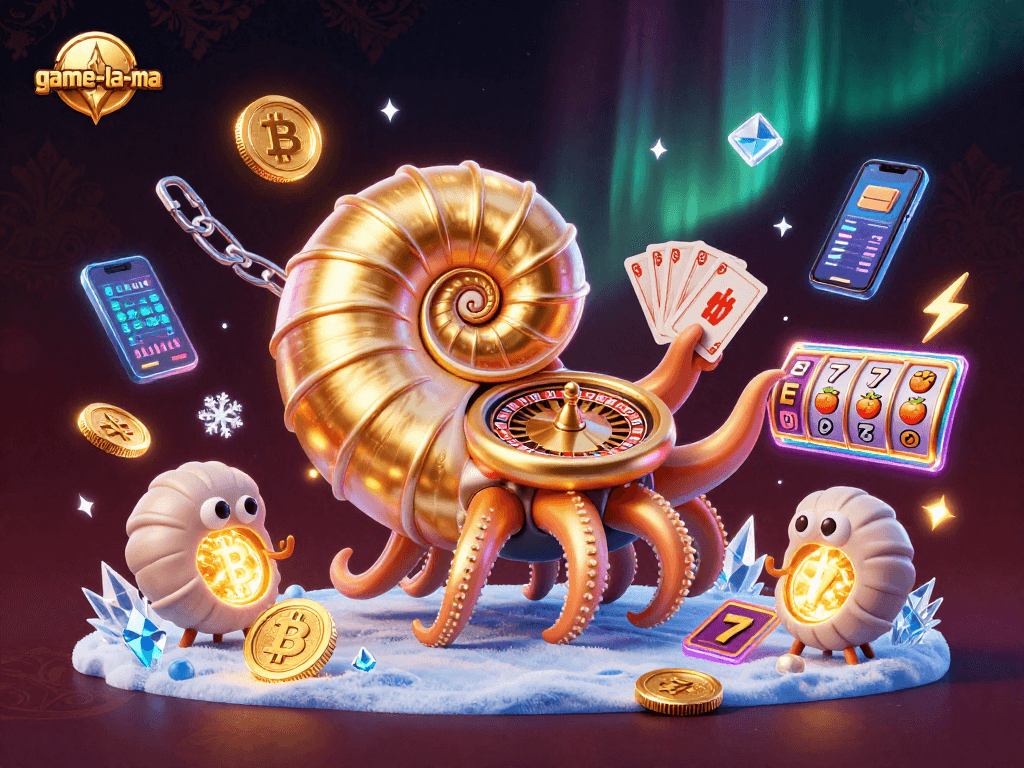 Win big with game-la-ma in a vibrant 3D casino scene featuring a giant nautilus roulette wheel.
