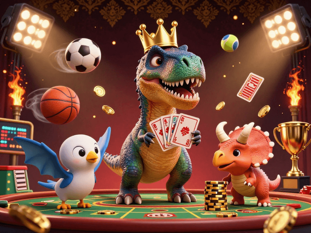 Engage with TDTC in a vibrant casino scene featuring a T-Rex playing cards and a baby triceratops stacking chips.