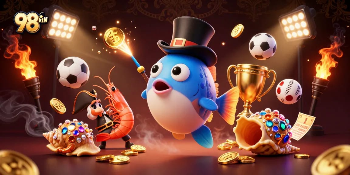 Experience thrilling gameplay at 98WIN, featuring deep-sea characters attracting golden coins amidst vibrant sports elements.