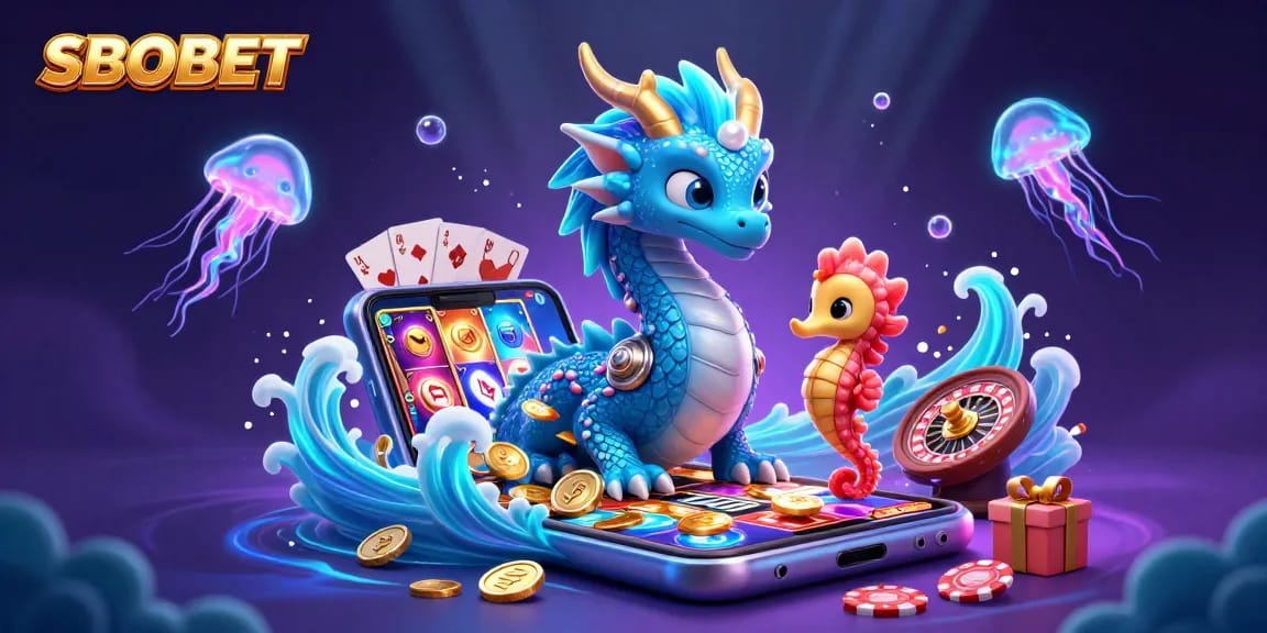 SBOBET enhances gaming excitement through a vibrant underwater scene featuring a majestic dragon and slot games.