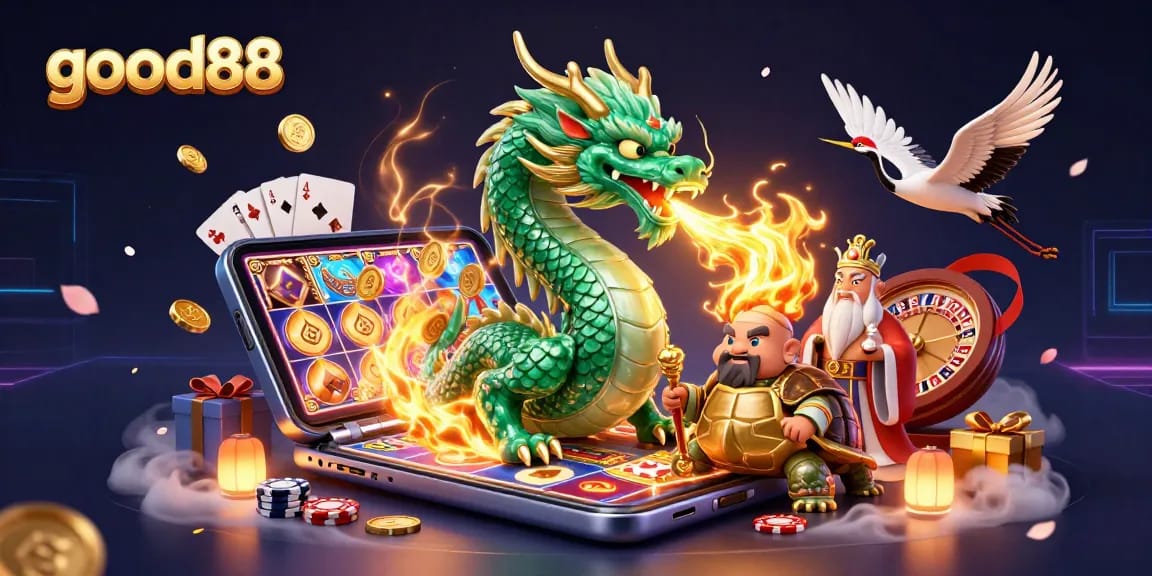 Engage in thrilling gameplay with good88 featuring a massive dragon, lucky cranes, and vibrant slot game elements.