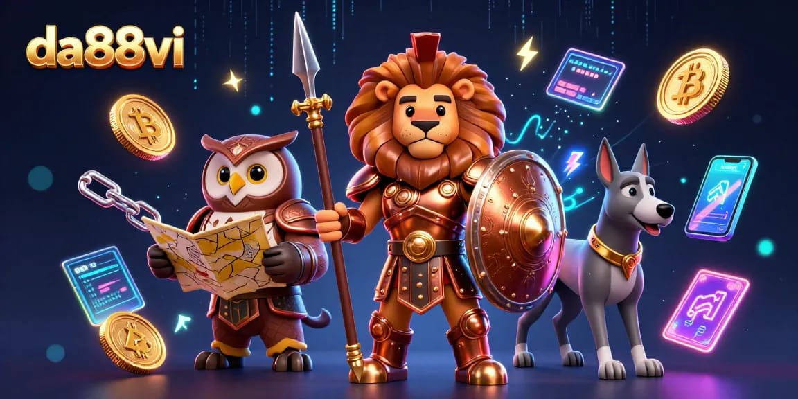 Experience da88vi's thrilling adventure with a Spartan lion, tactical owl, and swift greyhound in a vibrant 3D casino scene.