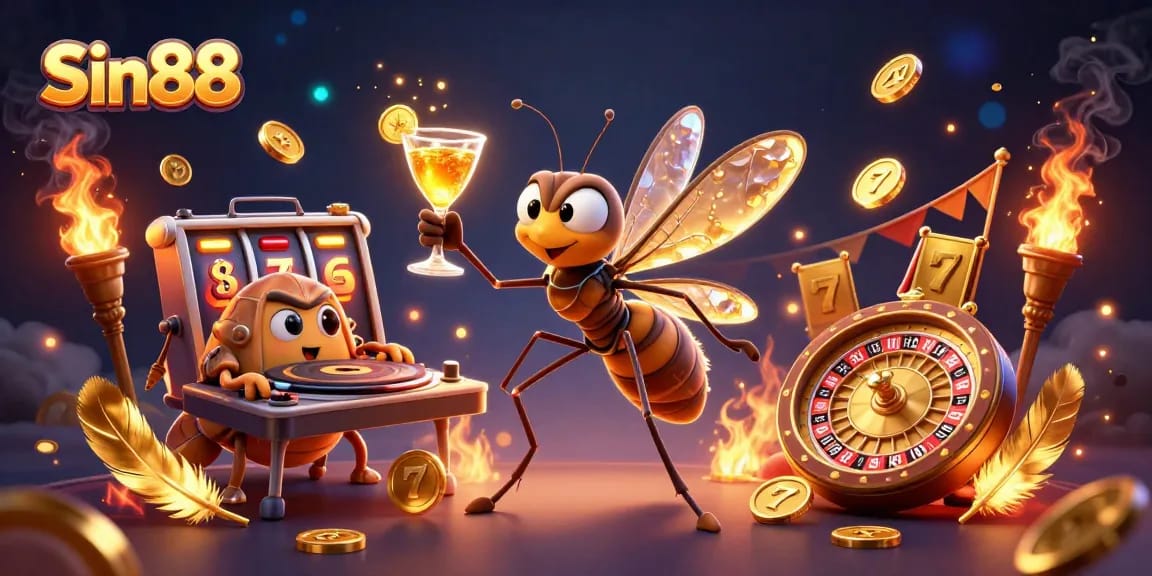 Engaging Sin88 characters bring the excitement of winning slots and jackpots to life in this vibrant casino scene.
