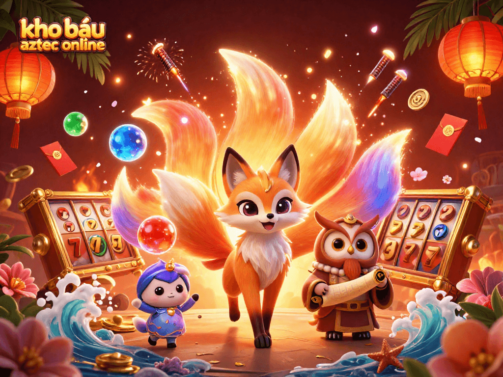 Experience the thrill of kho báu aztec online with vibrant slot reels and mystical characters in a lively casino scene.