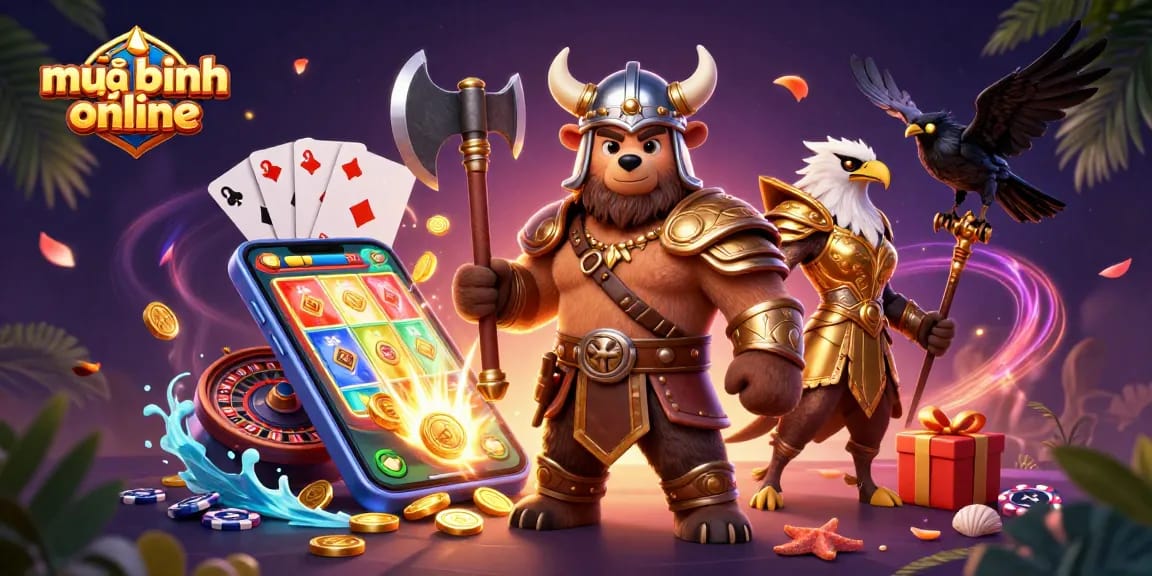 Experience the excitement of mậu binh online with a Viking-themed 3D illustration of thrilling gameplay elements.