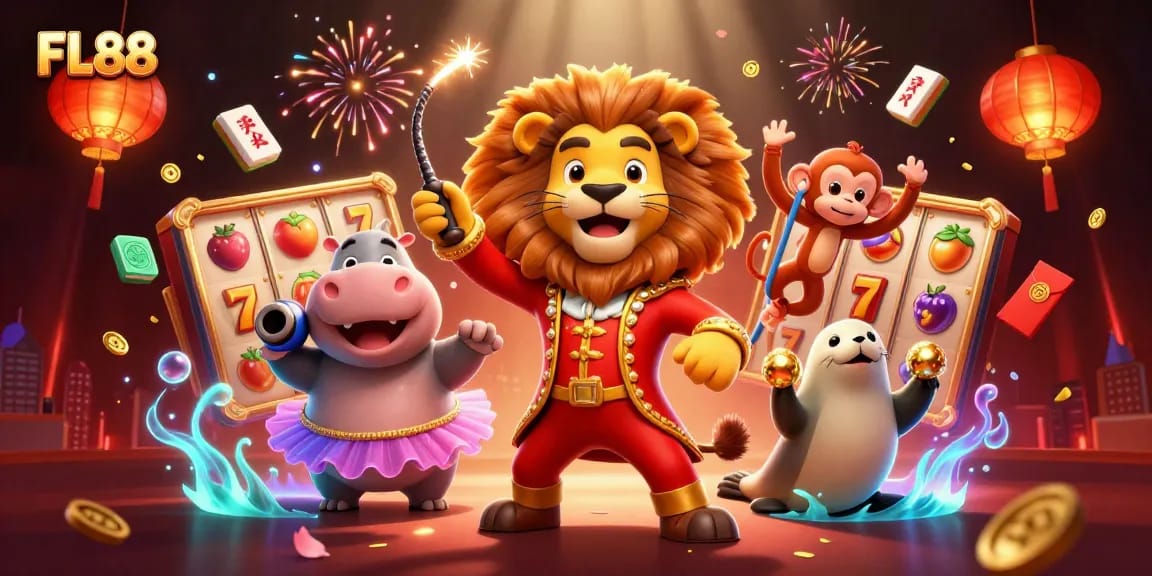 Experience the fun and excitement of FL88 with a dynamic 3D casino illustration featuring vibrant games and characters.