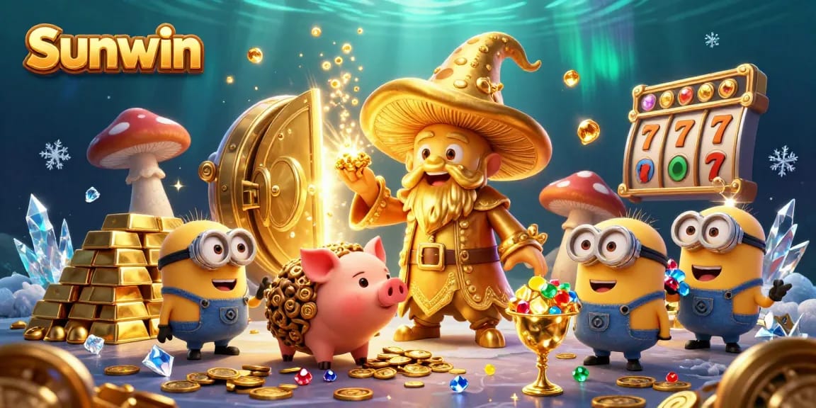 Experience the thrill of Sunwin's golden casino world with vibrant illustrations featuring rich game elements.