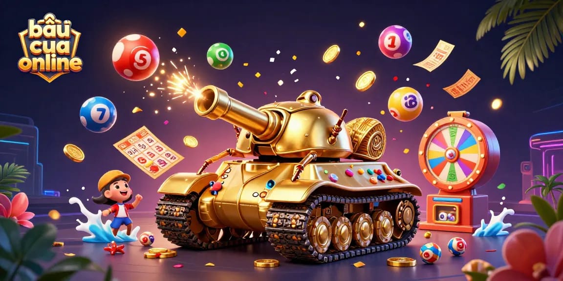 Experience excitement with bầu cua online, featuring dynamic elements like colorful lottery balls and a miniature casino atmosphere.