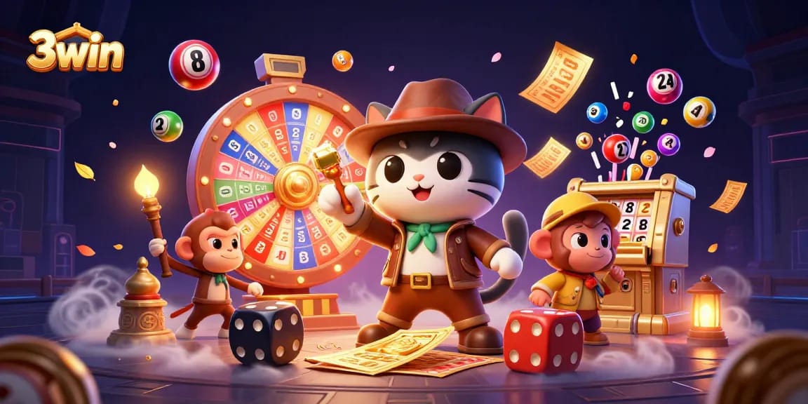 3win and a cat archaeologist discover casino treasures amidst vibrant gaming elements.