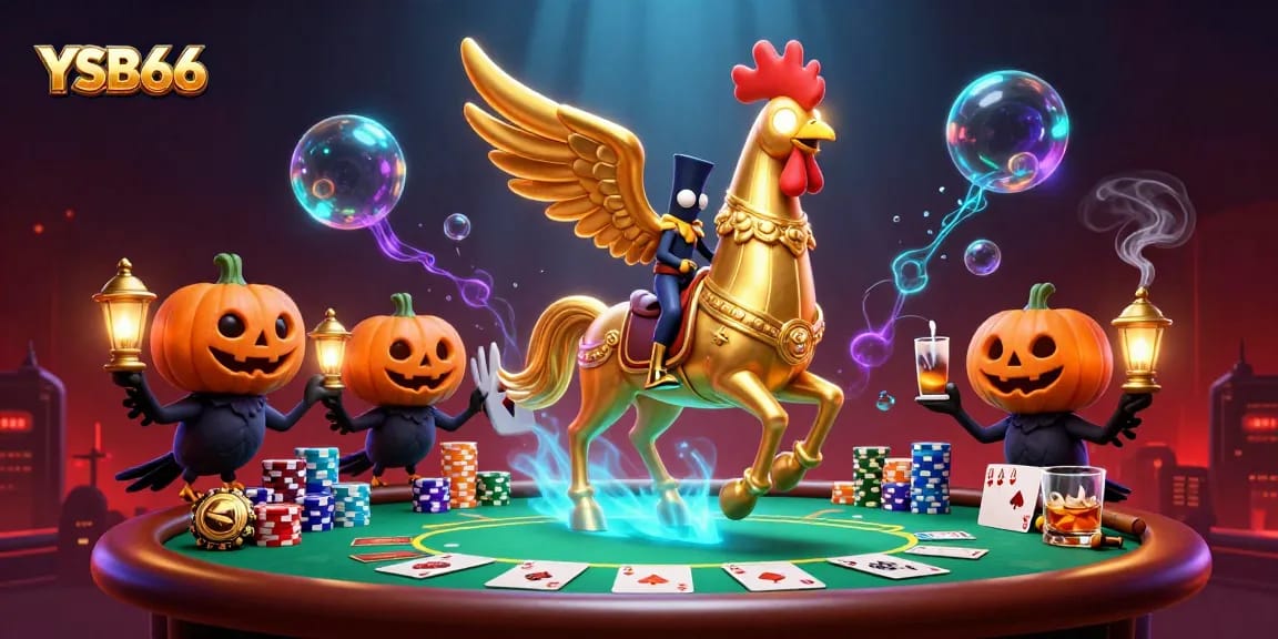YSB66's vibrant poker scene showcases a golden rooster and crow companions in a thrilling gaming atmosphere.