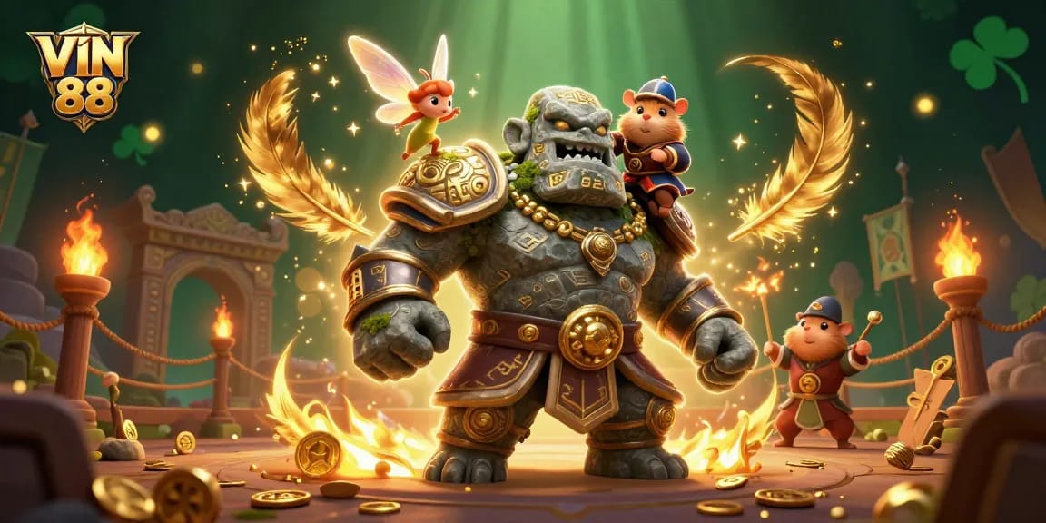 Experience exciting gaming action with VIN 88, featuring a golem guardian and magical elements.
