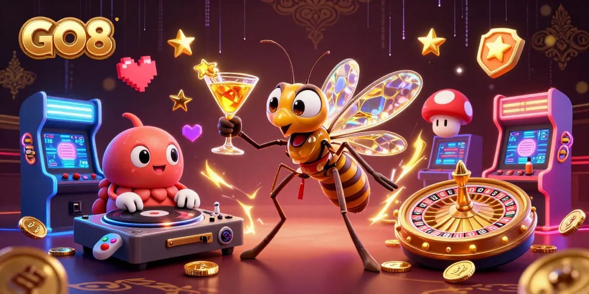 Experience the excitement of GO8 gaming with a vibrant casino scene featuring a frozen-in-amber mosquito mascot.