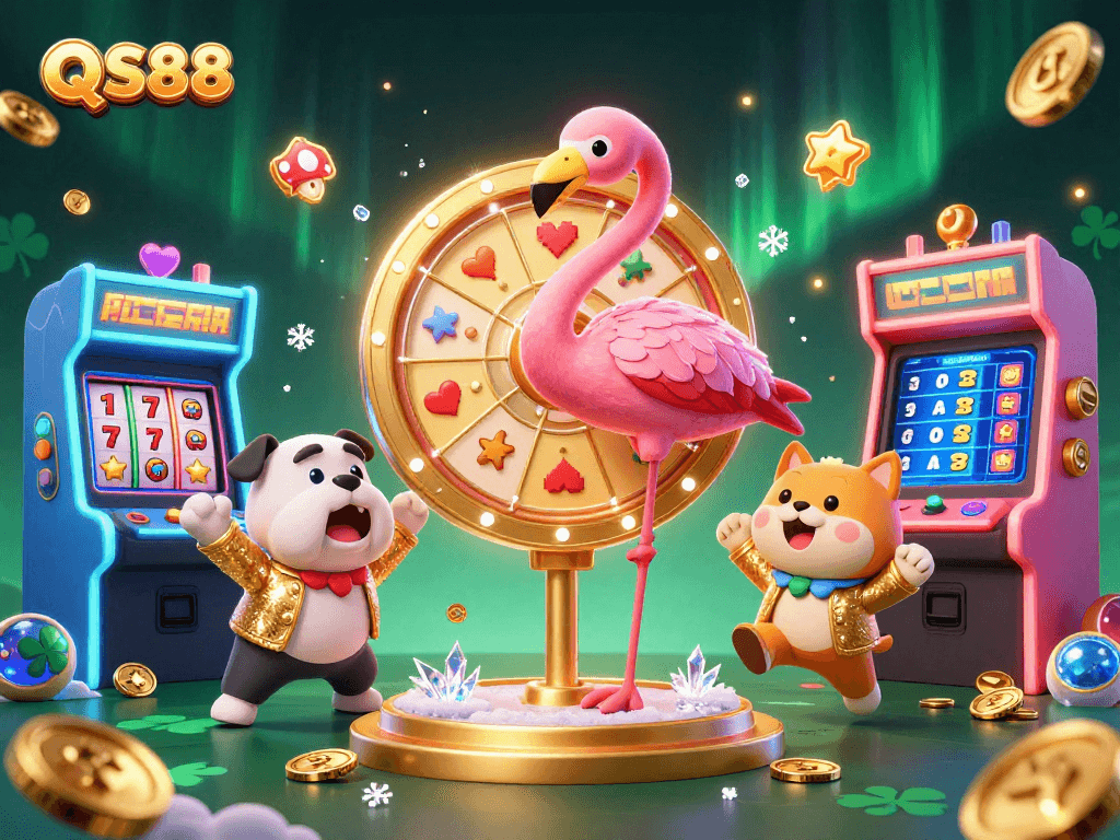 Win big with QS88 at this animated casino scene featuring exciting gaming elements and characters.